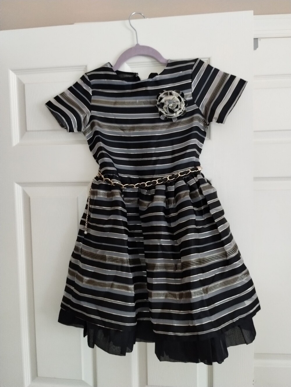 Girls Black and Silver Striped Party Dress with Chain Belt 10T